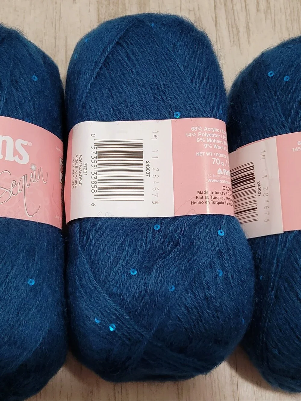 9 Skeins Patrons Lace Sequin Yarn Aquamarine Amethyst Onyx Sapphire 1.45 lb Lot
